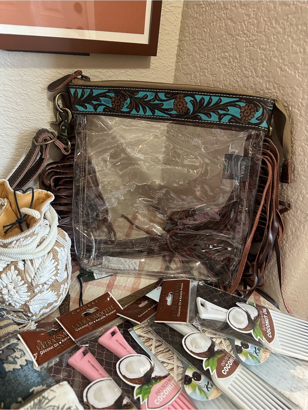 Myra Bag Clear Crossbody with Turquoise and Brown Floral Trim